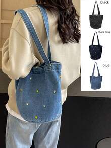 Bolso de lona de verano con bordado, bolso de tela vaquera, diseño único, bolso de hombro de gran capacidad y de moda para ir al trabajo - Multicolor - Ver 3