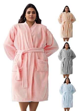 1件加厚珊瑚绒纯色长袍，超柔软，大码女款，保暖浴袍，舒适毛绒睡衣，居家/酒店/泳池适用（请根据尺码表购买）