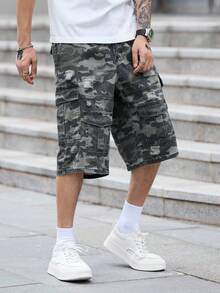 1pc Men's American Retro Camouflage Denim Cargo Shorts, Patchwork Distressed Washed Wide Leg Loose Fit Mid-Length Pants - Army Green - View 6