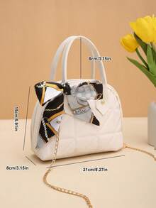 Túi xách vỏ sò thêu họa tiết lưới chéo dung tích lớn, khăn quàng cổ, túi xách tay cầm xích - trắng - Xem 4