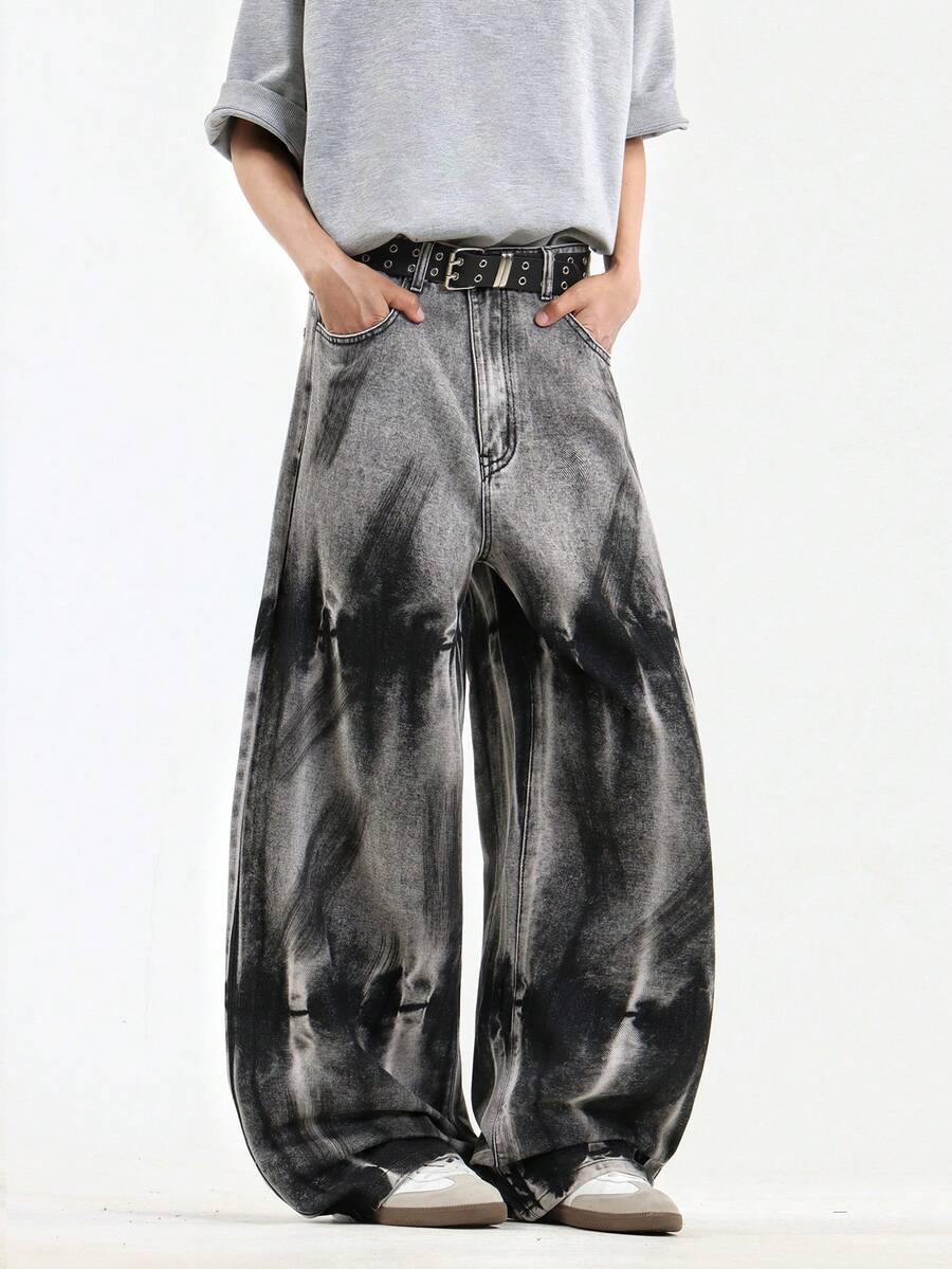 1 件男士美式复古嘻哈牛仔裤，高街个性化水洗阔腿休闲宽松街头风裤子，垃圾摇滚 - 黑色 - 查看 1