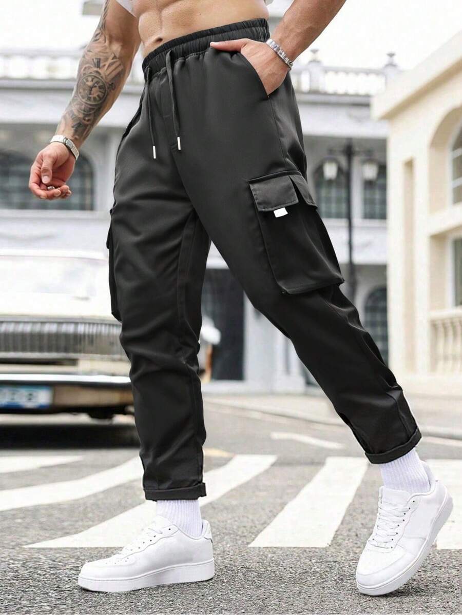1pc Men's Outdoor Solid Black Cargo Pants, Multi-Pocket Straight Leg Trousers, Suitable For Hiking & Outdoor Activities - Black - View 1
