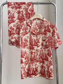 Red Summer Women Pajamas Set Sleepwear Short Sleeve With Pants Nightwear Loose Print Home Clothes Lounge Wear - 紅色 - 查看 3