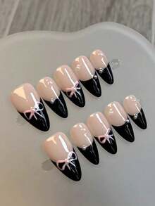 10 szt. ręcznie robionych francuskich migdałowych paznokci do manicure, ręcznie malowana kokardka w kolorze czarno-różowym, świeży manicure, delikatne, wysokiej jakości francuskie, pełne krycie, sztuczne paznokcie, dociskane paznokcie, artykuły do paznokci, paznokcie