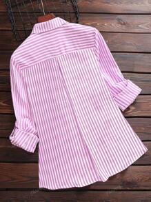 Camisa de manga larga con botones y rayas de nueva llegada para mujer - Mezcla de algodón suave, bolsillos dobles, ojales para las mangas, lavable a máquina - Para uso casual, ir al trabajo y los fines de semana en todas las estaciones - Adecuado para usar de forma casual en primavera y otoño