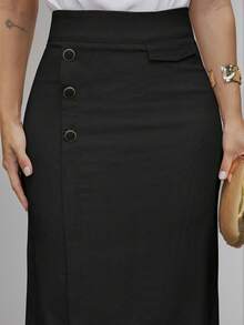 EMILI Women's Midi Linen Wrap Skirt With Fake Gallon Pockets And Lining - 黑色 - 查看 3