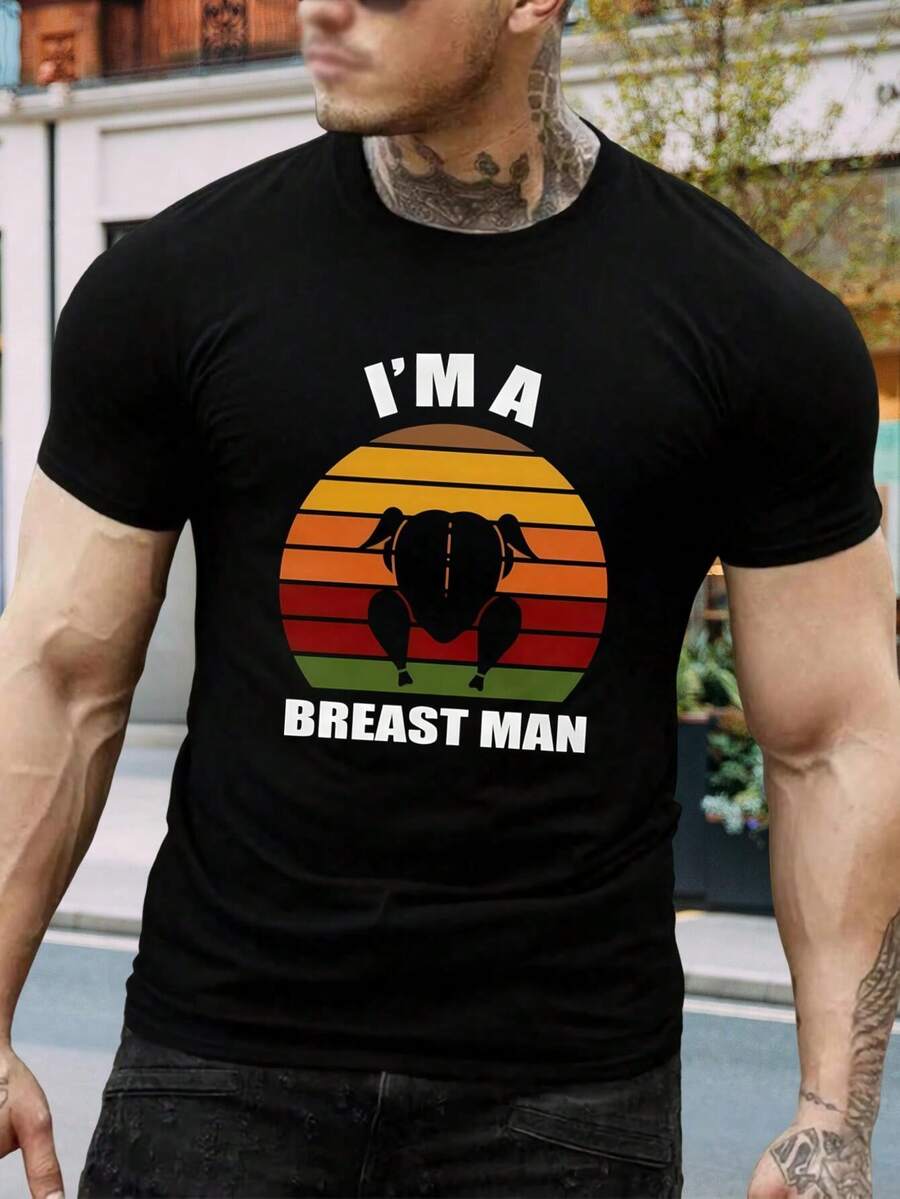 Camiseta divertida de Acción de Gracias para hombre y joven - Camiseta gráfica con estampado de pecho de pavo. Regalo ideal para fiestas. Algodón suave. Uso informal. - Negro - Ver 1
