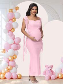 JustVH Maternity Draped Neck Ruffle Long Dress For Baby Shower Photoshoot