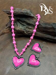 Boho Style Heart Beaded Necklace And Matching Heart Shaped Earrings, Vintage Fashion Jewelry Set For Women, Girls, Daily Outfit, Party Accessories, Jewelry, Gift For Family/Friends/Yourself