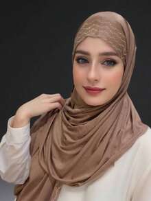 1 Piece Women's Hot Diamond Plain Jersey Hijab Shawl Soft Headscarf Arabic Casual Long Scarf Conservative Solid Color Headscarf Suitable For Daily Use For Dress - A - View 7