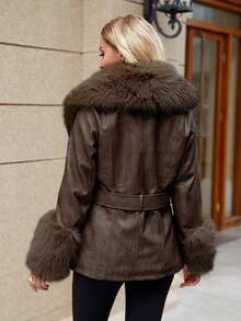 Giolshon 女士常规款人造毛皮大衣 - 秋冬季休闲外套，配有腰带，适合各种场合 - 咖啡棕 - 查看 3