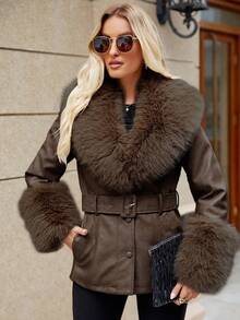 Giolshon 女士常规款人造毛皮大衣 - 秋冬季休闲外套，配有腰带，适合各种场合 - 咖啡棕 - 查看 4