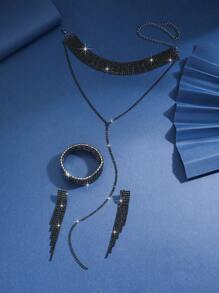 Conjunto de 4 piezas de joyería de lujo con colgante, aretes y pulsera con cristales negros y borlas, un regalo perfecto para estudiantes, parejas, novias o uso diario. Joyería versátil y elegante.