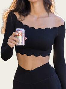 ATTRACO 女士健身上衣，圆领喇叭长袖修身秋冬运动背心，带可拆卸胸垫，瑜伽健身服 - 黑色 - 查看 7