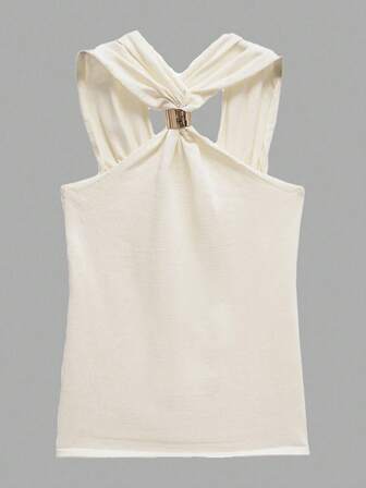 Women's Solid-Color Summer Gold Embellished Halter Neck Tank Top