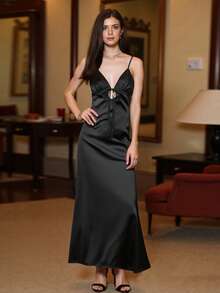 Women's Summer Solid Color Cami Long Dress  Sleeveless Tie-Up Front Backless Flowy Casual Dress For Daily Date Vacation - Black - View 5