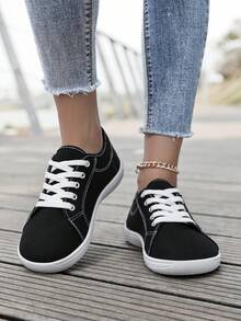 Barefoot Shoes For Men Women Wide Toe Box Cross Training Shoes, Zero Drop Minimalist Unisex Fashion Sneaker, Wide Width Canvas Lace-Up Shoes - Black and White - View 3