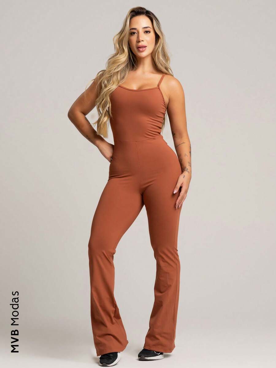 Fitness Flare Jumpsuit With Adjustable Straps Polyamide Mvb Modas - Rust Brown - View 1