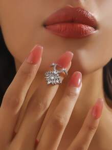 1pc Minimalist Elegant Cubic Zirconia Flowers 18K Gold Nail Rings For Women, Adjustable Statement Jewelry, Suitable For Daily Wear And Gift