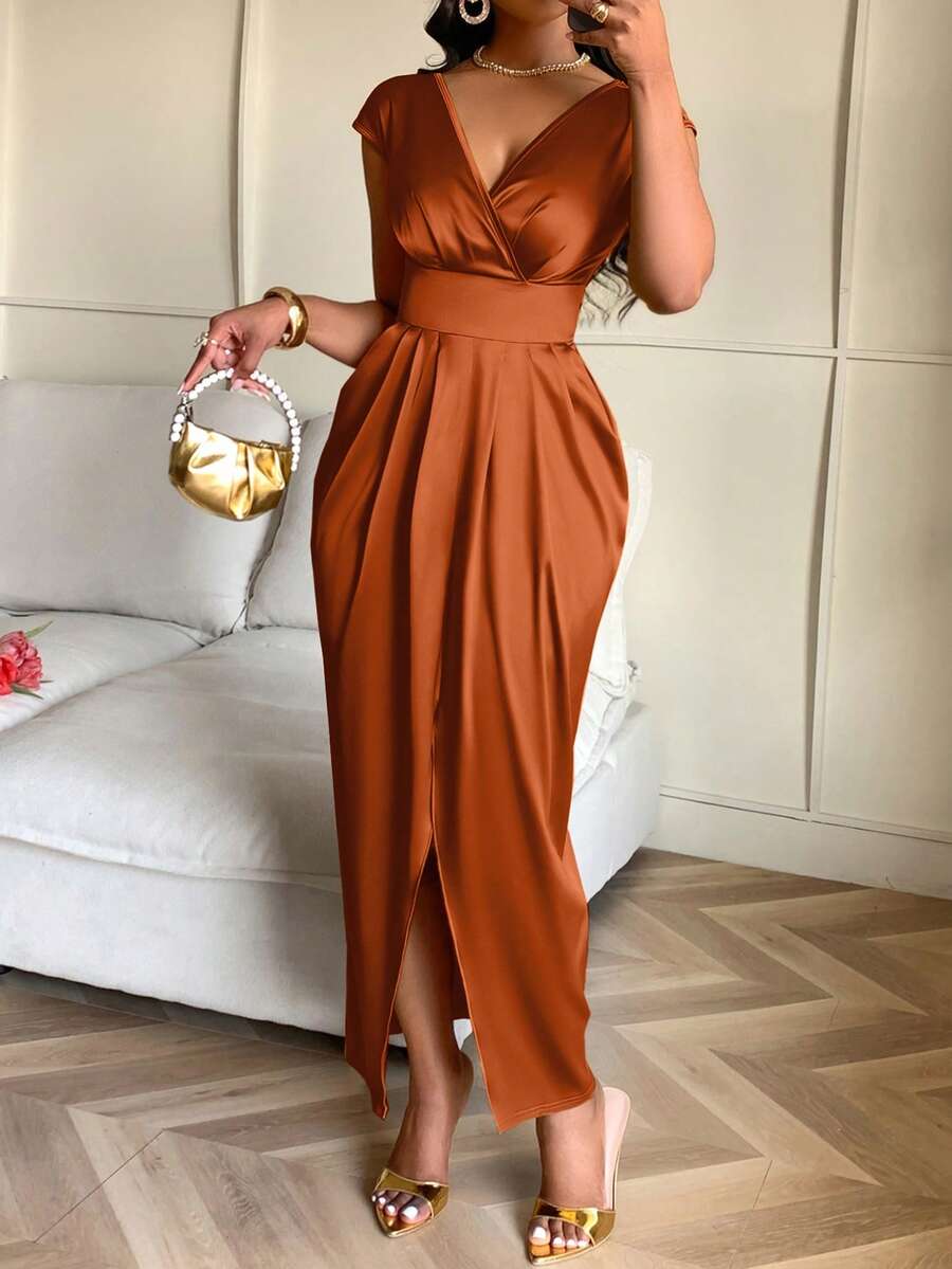 AIJ Amarilo 女士新款秋冬优雅派对、晚宴、婚礼、情人节金色V领褶皱缎面泡泡裙 - 棕色 - 查看 1