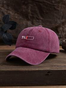 1pc Unisex Outdoor Casual Low Battery Print Adjustable Washed Baseball Cap, Suitable For Everyday Wear - Burgundy - View 2