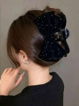 1 pièce Pince à cheveux élégante et douce en velours noir avec un nœud bling strass, convenant pour tenue et coiffure quotidiennes. Pince, mâchoire, agrafe, attache-cheveux