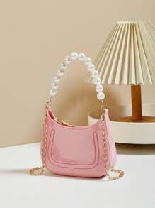 Mini Underarm Bag For Toddler Girls, Pearl Decor Zipper Closure Handbag, Lovely Gift Bag For Girls