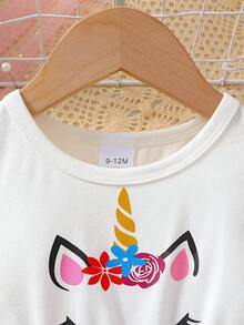 0-3 岁女婴独角兽主题单件套装，独角兽图案搭配渐变色薄纱裙，可爱优雅，适合 0-3 岁女婴春夏季穿着，适合节日、派对和家庭聚会 - 白色 - 查看 3