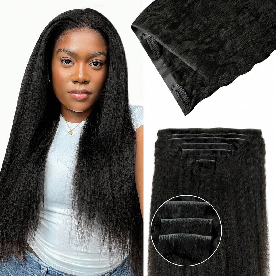 Extensiones de cabello con clip Invisi Edge, 8 unidades, 120 g, 16 pulgadas, color negro natural, sin costuras, cabello humano rizado, liso, cabello humano Remy real. - S99J - Ver 1
