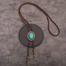 1pc Vintage Bolo Tie Necklace, Natural Blue Turquoise Oval Pattern Design Long Boho Western Cowboy Style Rope Necklace