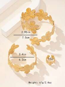 European And American Fashion Metal Floral Open Cuff Bracelet And Ring Set