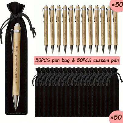 1/6/12/24/50pcs Customized Luxury Bamboo Barrel Round Ballpoint Pens With Black Pencil Case - Personalized Writing Instruments For Name And Company Website, Perfect Gift For Men, Anniversary, Birthday, Graduation Season Gifts