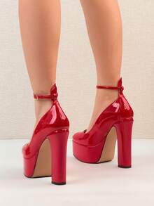 Glossy Patent Leather Super High Heel Platform Thick Heel Pumps, High Heel Shoes For Women - Red - View 4