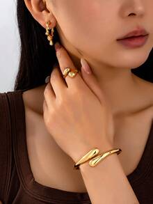 4 件/套几何水滴光滑镀金手镯、戒指、耳环首饰套装，适合女士，简约优雅多功能日常配饰，春季设计开口手镯