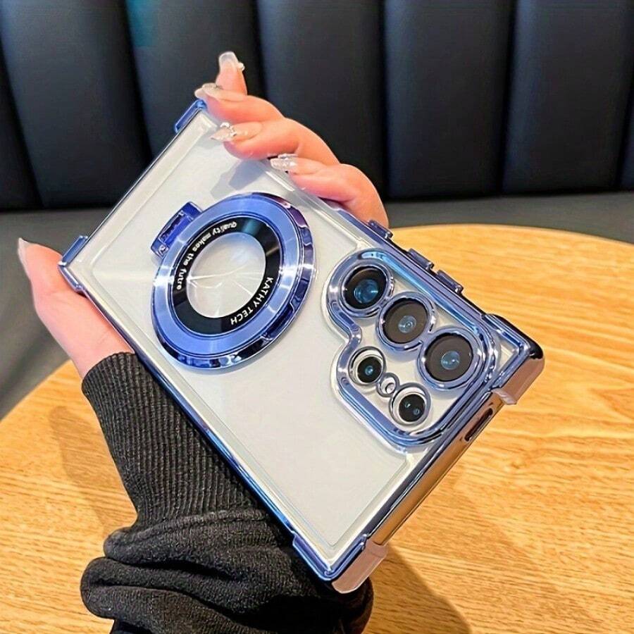 Magnetic Plated Holder + Phone Case For Galaxy S25/S24/S23/S22/S21/Ultra/Plus/FE +/ Phone 16/15/14/13/Pro Max 16 12 11Plus, Drop Resistant Shock Plated Frame Protective Case - 藍色 - 查看 1