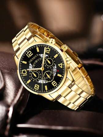 4 件套男士金色表带时尚休闲混合刻度带日历石英表手链项链戒指首饰套装适合日常佩戴装饰或节日礼物