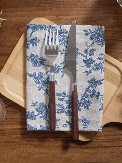 1/4/6/12pcs French Elegant Vintage Blue & White Rose Flower Print Rectangle Napkins, Festival Party Birthday Decoration, Suitable For All Seasons Home Decor