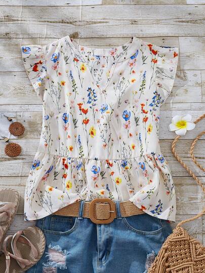 Women's Casual Floral Print Ruffle Hem Blouse, Suitable For Holiday