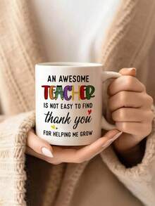 1pc 11oz Teacher Appreciation Ceramic Coffee Mug - "Thank You For Helping Me Grow" Porcelain Cup,Outdoors,Summer And Winter Drinking Utensils,Perfect For Hot Cold Drinks,Gift For Birthdays,Perfect For Home Office Use,Tea Cup,Wedding,Graduation - Multicolor - View 2