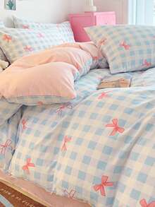 2/3pcs Pink Bow, Blue Plaid Bedding Set, Suitable For Students, Super Soft, Sweet & Cute, Brushed Duvet Cover & Pillowcase Set, Spring/Summer, Available In Twin/Queen/King Size
