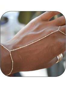 1 Pc Personalized Plain Circle Beaded Satellite Chain Adjustable Finger Ring Chain Bracelet, Elegant Daily Accessory For Women