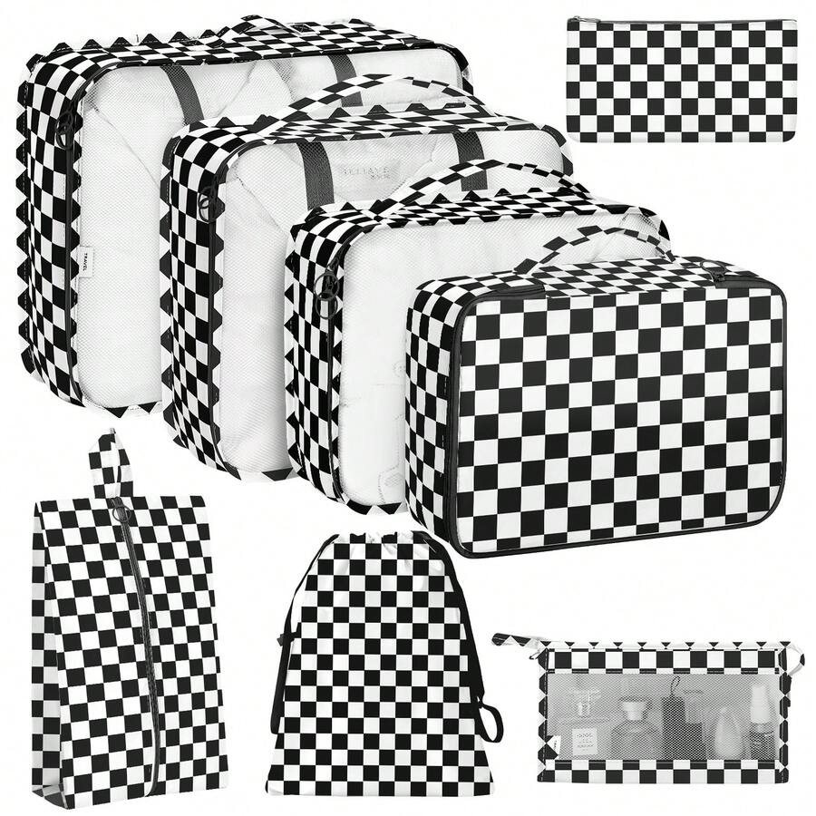 8pcs Travel Packing Cubes Set,Travel Portable Clothes Storage Bags, Compression Storage Shoe Bag, Clothing Underwear Bag, Luggage Packing Organizers,Pack Your Luggage With Ease ,Travel Essential Accessories - 黑白格子 - 查看 1