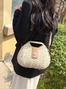Bolso de mujer minimalista y de moda con diseño tejido de conchas, bolso de hombro/bandolera portátil con cierre de giro, adecuado para vacaciones y viajes