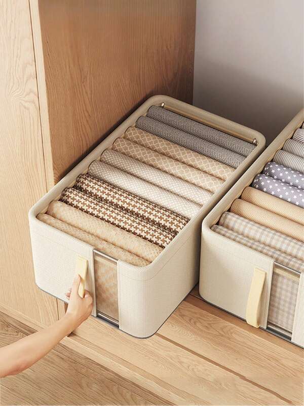 1pc Grey And Beige Steel Frame Storage Box, Visible Desktop Storage Box, Home Wardrobe Storage Box, Clothes Storage Box For Women Storage Organizer Travel Essentials Back To School Dormitory Storage