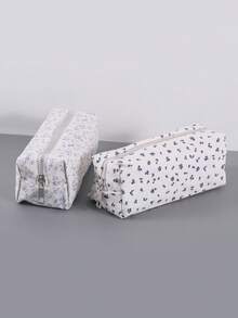 1 件小巧清新的深蓝色花卉图案铅笔盒，优雅风格的学生桌面文具收纳袋，自然风格的学习用品收纳铅笔袋。，铅笔袋，书包 - 深藍 - 查看 4