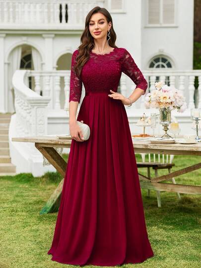 MIUSOL Floral Lace Chiffon Ruffle Hem Maxi Dress, Elegant Ladies Gown, Formal Dress, Suitable For Wedding Guest, Graduation Ceremony, Gala Dinner And Other Occasions