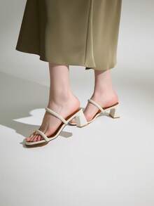 Women Minimalist Chunky Heeled Mule Sandals, Elegant Summer Heeled Sandals Winter Gifts - Beige - View 1