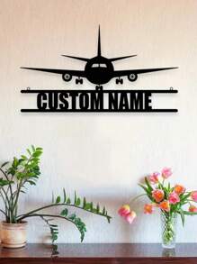 1 Peça Decoração de Ferragem Personalizada com Padrão de Aeronave, Personalização Personalizada com Seu Nome, Logotipo de Ferragem de Aeronave Preta da Moda, Elementos de Aeronave da Moda, Arte de Parede de Metal - O Presente Mais Recente para Entusiastas de Aeronaves