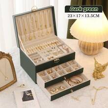 Three Layers Of Double Selection Faux Leather Jewelry Storage Box, Exquisite Necklace Earrings Golden Jewelry Hand Jewelry Box, Large Capacity Jewelry Organizing Box, Lock And Soft Lined Drawer - The Ideal Gift For Women Gift For Valentine's Day - Multicolor - View 15