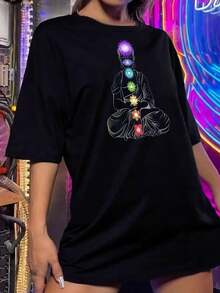 Camiseta de meditación de chakras para mujer, camiseta espiritual de yoga, camiseta gráfica de Buda, camiseta negra de manga corta para meditación, yoga y ropa casual - Negro - Ver 2